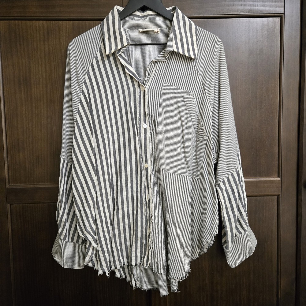 Millibon Oversized Button‎ Up Womens L Patchwork Stripe Lightweight Boho Beachy